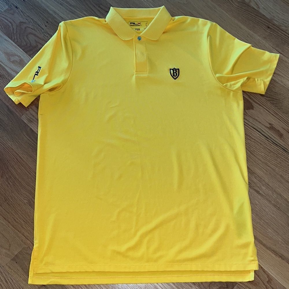 Rlx By Ralph Lauren Gold With Black Bentley Shield Golf Polo Shirt L Men’s